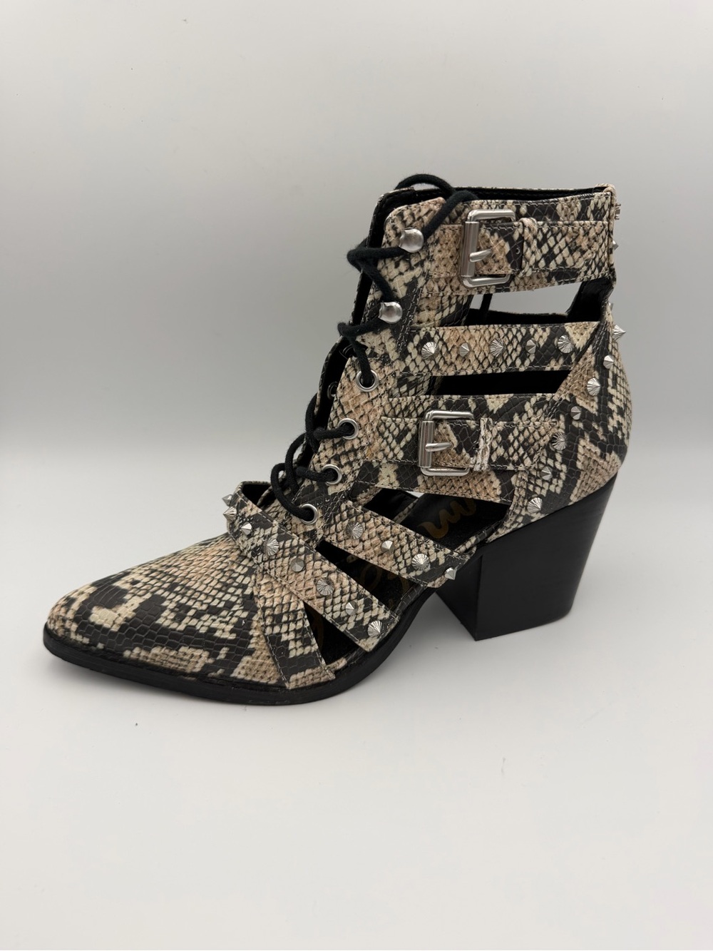 Sam Edelman Elana Snake Print Studded Caged Cutout Lace Up Ankle Boots Size 10